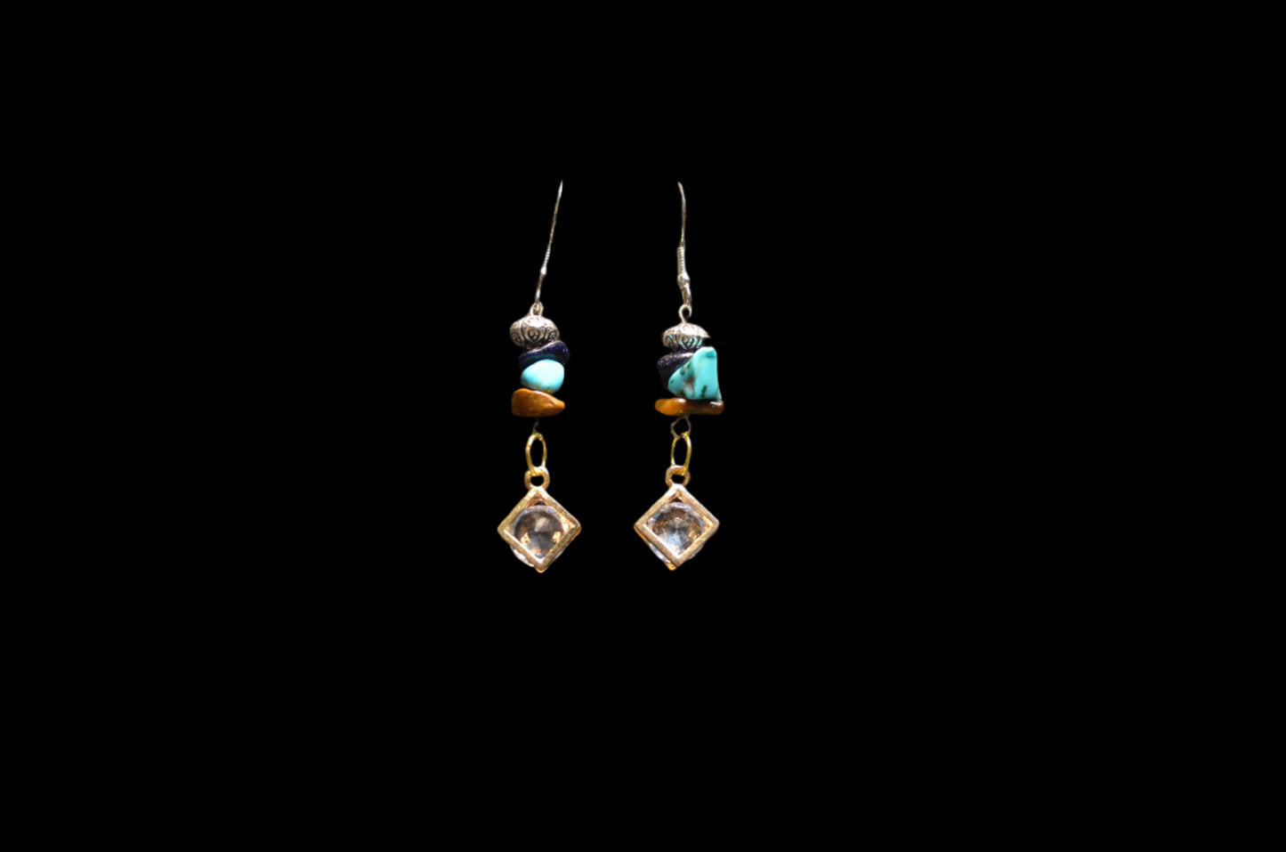DIAMOND TIRQUOISE TIGER EYE ZIRCONIA PENDANT EAR RINGS