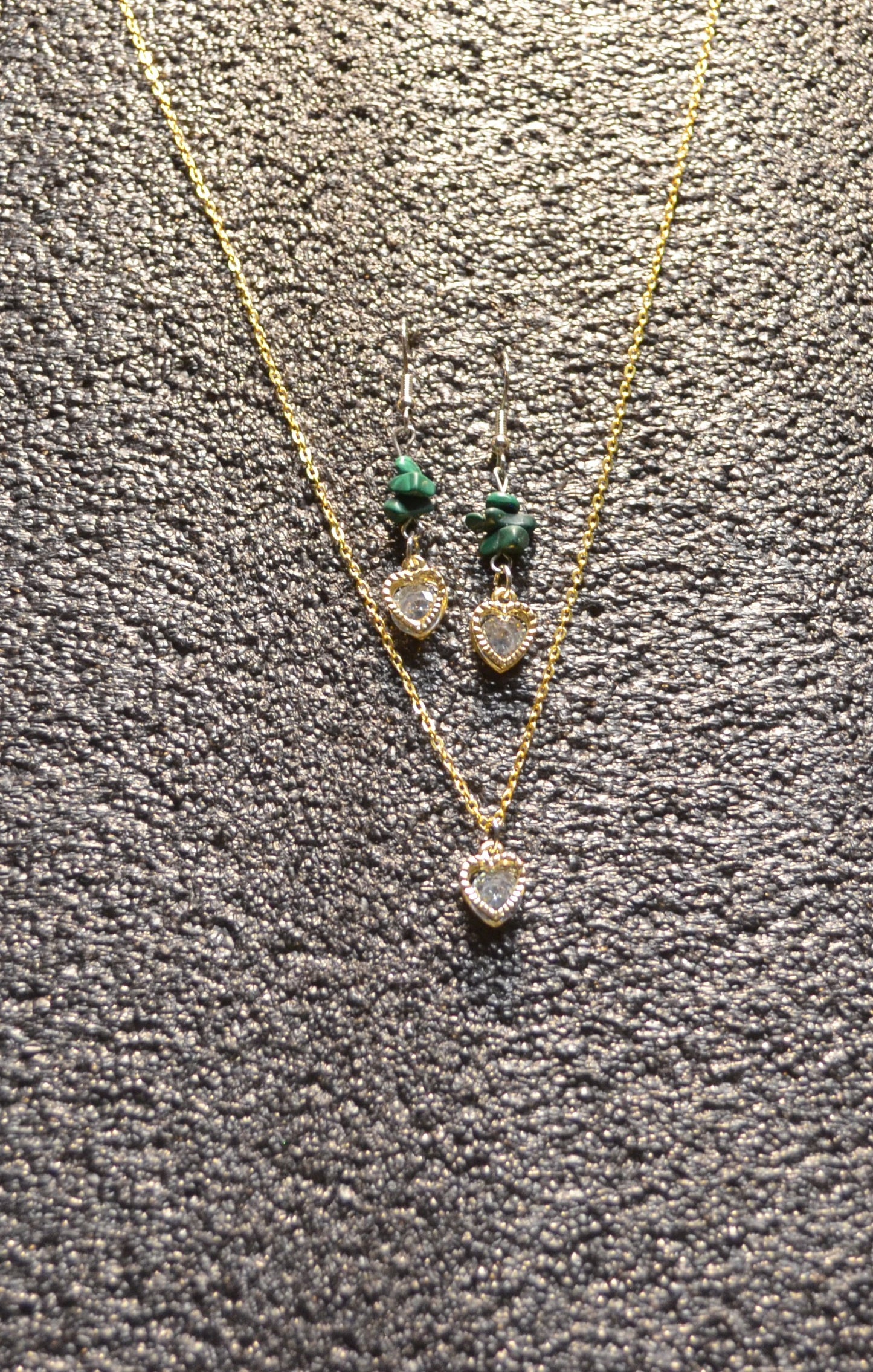 GREEN GEM ZIRCONIA HEART EAR RINGS / CROSS GOLD CHAIN NECKLACE WITH ZIRCONIA HEART PENDANT