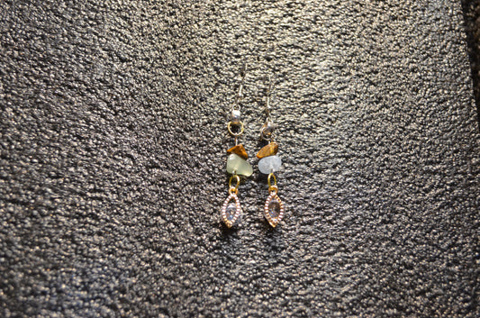 SMOKEY TIGER EYE TEAR DROP ZIRCONIA PENDANTE EAR RINGS
