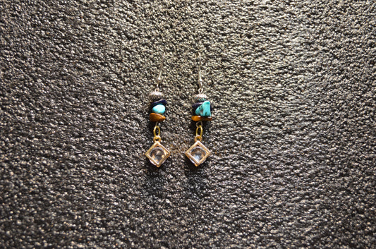 DIAMOND TIRQUOISE  TIGER EYE ZIRCONIA PENDANT EAR RINGS
