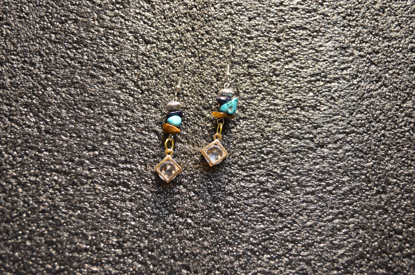 DIAMOND TIRQUOISE  TIGER EYE ZIRCONIA PENDANT EAR RINGS