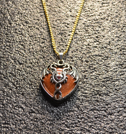 GOLD SAND STONE DRAGON HEART PENDANT  GOLD CUBA CHAIN NECKLACE
