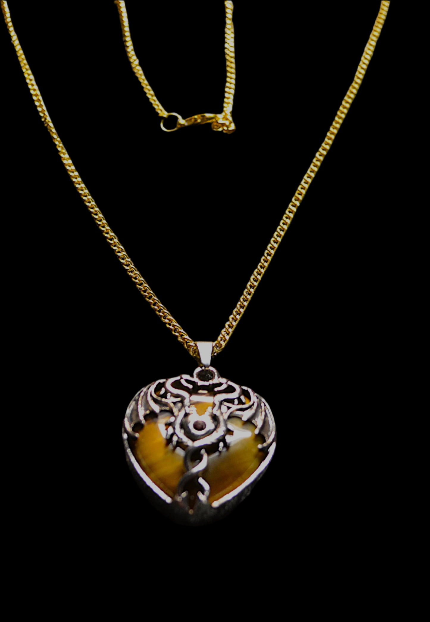 TIGER EYE DRAGON HEART PENDENT GOLD CHAIN / GOLD BRACELET