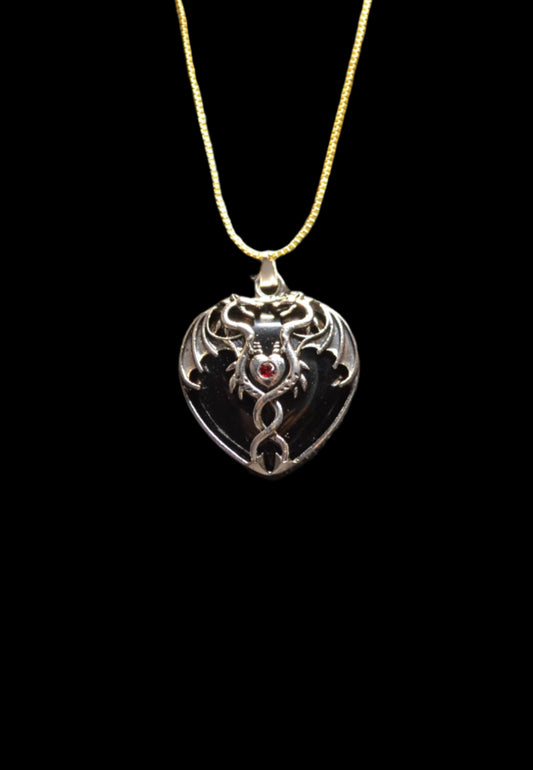 BLACK OBSIDAN DRAGON HEART PENTANT WITH GOLD FLAT PERESSED CROSS NECKLESS