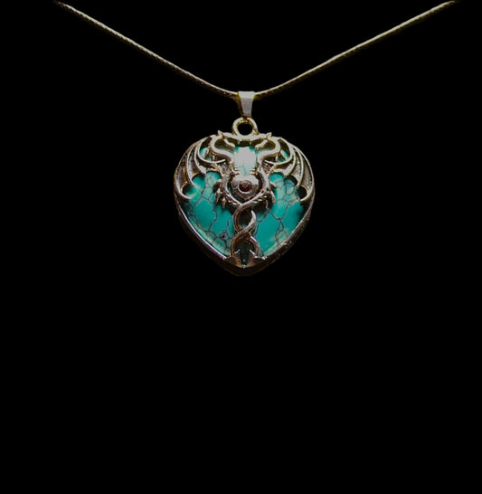 BLUE TURQUOISE DRAGON HEART PENDANT WITH BLACK LEATHER NECKLACE