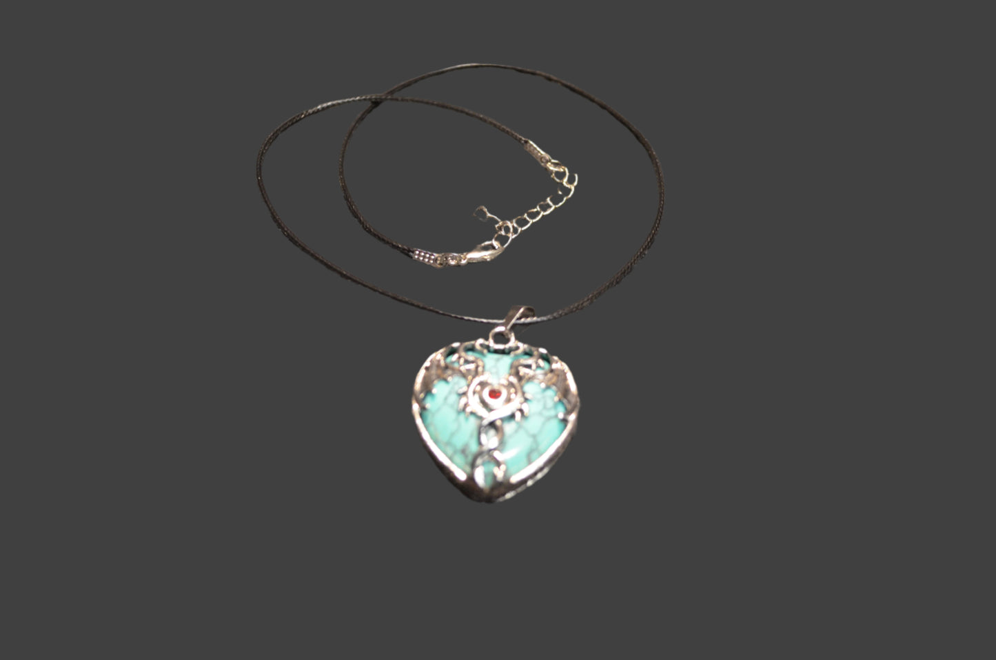 BLUE TURQUOISE DRAGON HEART PENDANT WITH BLACK LEATHER NECKLACE
