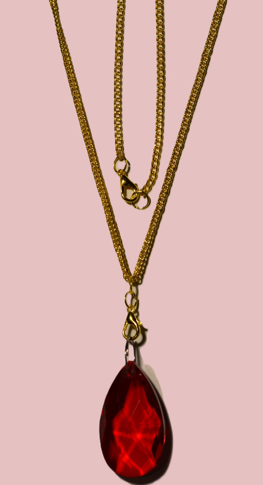 RED TEAR DROP GLASS GOLD FLAT PRESSED CROSSED NECKLESS WITH BRACELET